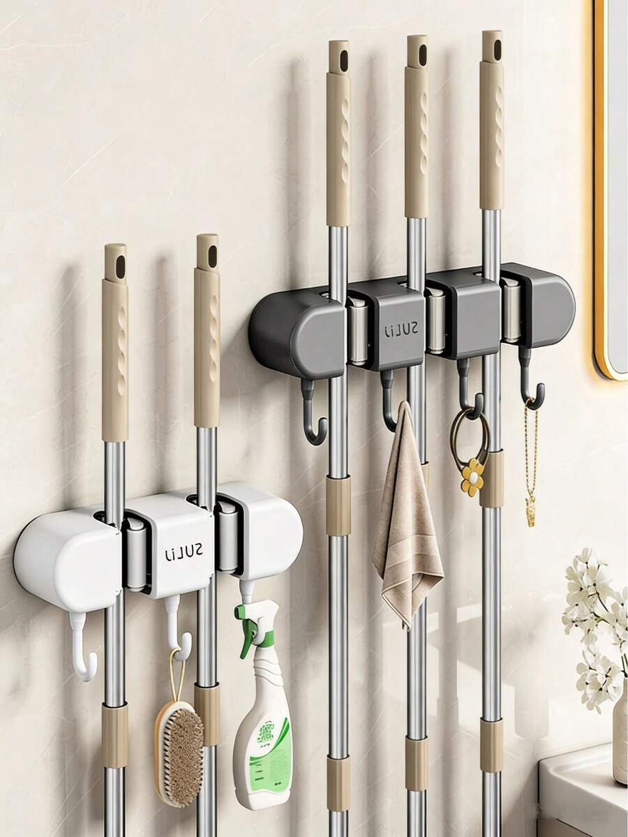 1pc Wall Mounted Mop & Broom Holder, 3/4" Multi-Function Wall Mounted Mop Clip, Hole-Free Mop Fixing Hook With Strong Adhesive, Bathroom Wall Mounted Storage Solution, Heavy Duty Tool Hanger