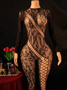 1pc Women's Sexy Lingerie Fishnet Bodystocking,Leopard Hollow See-Throug Long Sleeves,Slim Bikini Cover-Up,Perfect For Party Nights - Black - View 1