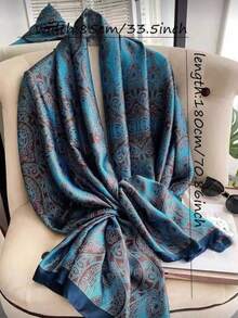 1pc Women's Turkish Blue Printed Faux Silk Scarf, Can Be Used As Headwear, Neck Warmer, Or Dress Accessory - Turquoise Blue - View 4