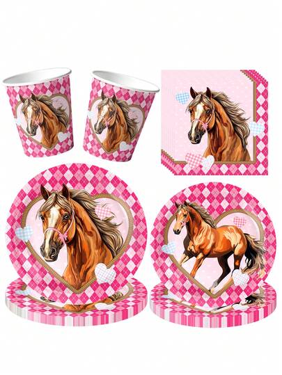 10pcs Cowgirl Horse Birthday Party Supplies Pink Western Horse Party Decorations Ladies Plates Napkins Party Supplies For Birthday Parties, Family Parties, Friends Parties, Summer Outdoor Parties