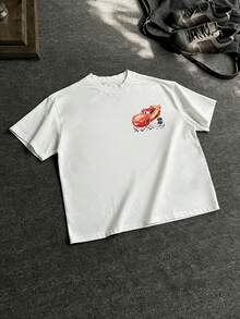 Disney-Cars Lightning McQueen Printed Short Sleeve | American Street Style Loose T-Shirt | Retro Vintage Half Sleeve Top - 白色 - 查看 4