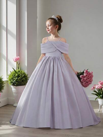 Tween Girls Satin Backless Tie Strap Elegant Trailing Dress, Suitable For Formal Dinner Party, Does Not Include Headband
