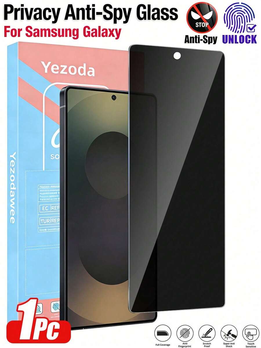 Yezodawee 适用于三星Galaxy S系列的1片隐私防窥钢化玻璃屏幕保护膜,支持0.2秒指纹解锁,适配三星Galaxy S25 Ultra、S26 Ultra、S26 Plus/S25+/S25/S24 Ultra/24 Plus/24/23/22/21,25°防窥角,全屏覆盖,防指纹,防摔,防刮花,无气泡,生日、送给家人、朋友的手机屏幕保护膜礼物,手机配件 - 黑色 - 查看 1