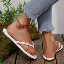 Memory Foam Comfortable Flat Thong Sandals For Women Dressy Summer Beach PU Leather Slide Flip Flops Shoes Slippers Slides - 白色 - 查看 9