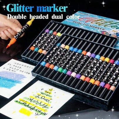1pc 24/48/72/96 Colors Double-Ended Dual-Color Glitter Acrylic Marker Pens, Opaque, Blendable, Soft Tip, For Students & Art Professionals