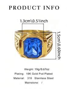 这款男士戒指设计稳重优雅，商务休闲风格，镶嵌红/绿/蓝三色锆石，采用316不锈钢材质，并真空镀18K金，经久耐用，防磨损，防水，不褪色，低致敏性，时尚休闲，适合男士佩戴。 - 金色 - 查看 2