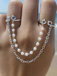 1pc Fashion Multi-Layer Tassel Chain Faux Pearl Knuckle Ring Set, Jewelry Bridal Wedding Accessory, Gift For Holidays - Multicolor - View 5