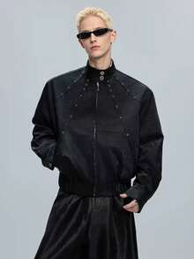 Design Sense: Niche Python Texture Shoulder Pad PU Leather Jacket With Men's Gemstone Embellishment Stand Up Collar Short Spring Jacket - 黑色 - 查看 1