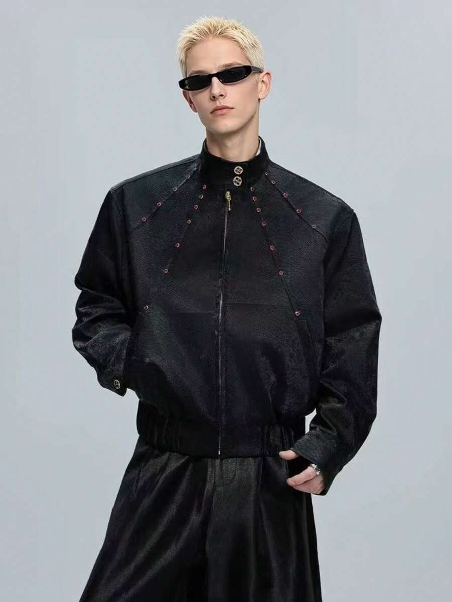 Design Sense: Niche Python Texture Shoulder Pad PU Leather Jacket With Men's Gemstone Embellishment Stand Up Collar Short Spring Jacket - Black - View 1