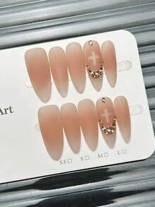 10片手工椭圆形亚克力按压式美甲片，中号哑光粉色，十字美甲宝石镶嵌小水钻，前卫优雅简约春季假指甲，夏季美甲，适合派对、日常、约会、海滩、热带度假等场合，DIY美甲，适合女性和女孩作为礼物美甲用品 - 粉色 - 查看 10