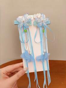 1对女士汉服发夹，水晶花朵复古丝带发夹，优雅中国风公主服饰配饰 - 彩色 - 查看 9