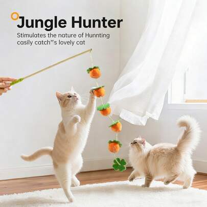Cat Toy Teaser Wand With Bells, Durable Solid Wood Long Handle, Interactive Pet Toy For Entertainment And Scratching