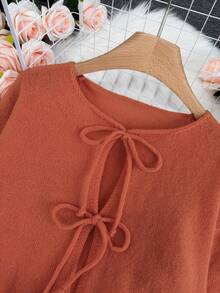 【上衣】纯色扭结前襟长袖开衫，简约风，适合办公室穿着，复古风，简单法式风格，女士系带纯色针织开衫，可外搭衬衫，宽松可爱开衫 - 亮橙色 - 查看 6