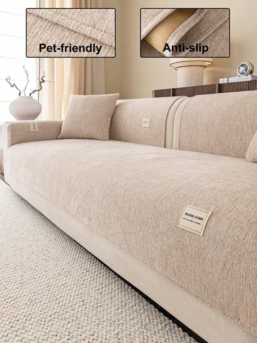 1pc Solid Color Chenille Sofa Cushion, Minimalist Starry Floral Pattern Sofa Cover, Anti-Slip Anti-Scratch Sofa Protector, Home Decor Suitable For 1/2/3/4 Seater Sofa, All Seasons - Beige - View 1