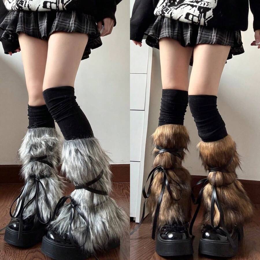 1 Pair Y2K Subculture New Fuzzy Sock Covers With Straps, Faux Fur Leg Warmers, Retro Thick Slouch Leg Warmers For Women - Multicolor - View 1
