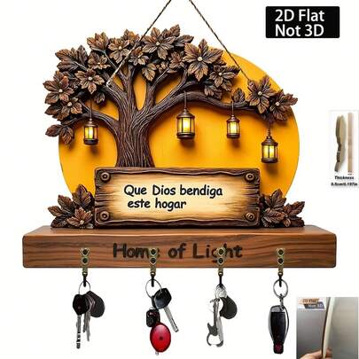 20262D Flat Farmhouse Rack - Wooden Organizer With Spanish Phrase God Bless This House - Holds 4 Keys - Someone Who Has Just Moved - 11.8X 9inch - Includes Easy-To-Hang Hooks, Durable Wood, Wall-Mounted Shelf, Home Decoration