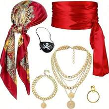 1/3件万圣节新款缎面海盗头带腰带毛毡骷髅眼罩，趣味角色扮演中世纪文艺复兴海盗服装配饰，化装舞会圣诞派对魔术服装道具 - 彩色 - 查看 2