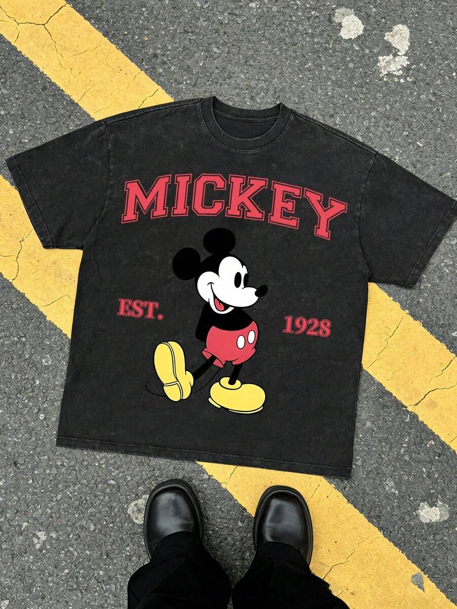Disney Stitch &  Hugging Graphic T-Shirt, Summer Vintage Washed 230g Heavyweight Short Sleeve - Black - View 1