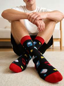 1 双男士黑红撞色游戏机图案中筒袜，四季皆宜。 - 彩色 - 查看 5