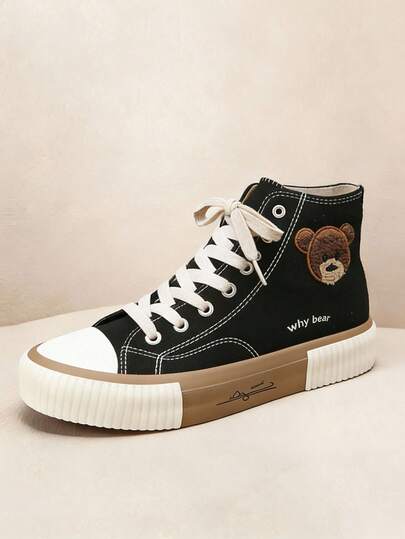 lona de altasuperior con dibujo de oso para mujer,Zapatillas de casuales deporte para mujer,estilo de moda y clásico, suela antideslizante y resistente al desgaste, cómodo y suave, diseño con cordones, fácil de llevar, adecuado para Halloween, Navidad, fiestas tenis de cumpleaños, reuniones, jogger,trabajo y uso diario