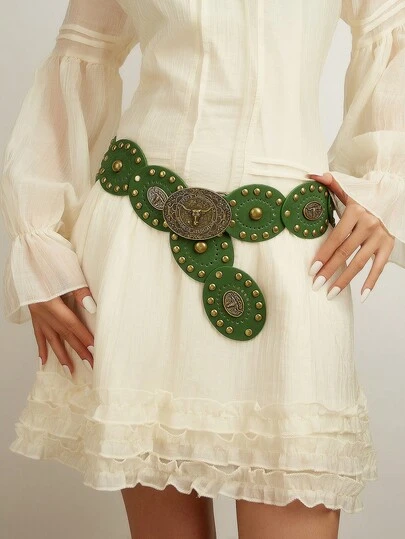 1pc Green New Cow Spot Street PU (Polyurethane) Women's Belt, Suitable For Dresses, Skirts, Jeans, Versatile Street Fashion Accessory For Daily Wear