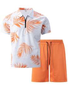 男士兩件套，3D定位葉子印花短袖 Polo 衫 + 短褲，夏季休閒街頭海灘穿搭 - 橘色 - 查看 2