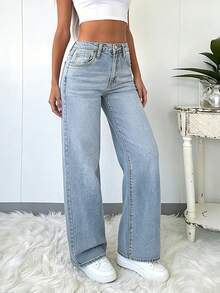 Elegant & Casual Women's Wide Leg Jeans, Denim Effect, Solid Color Washed, Full Length, Medium Stretch Spring - Baby Blue - View 7