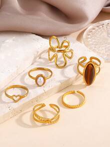 6pcs Set Stainless Steel 18K Gold Plated Personalized Geometric Flower Line Tiger Eye Stone Rings Set, Suitable For Women's Daily Wear - Multicolor - View 3