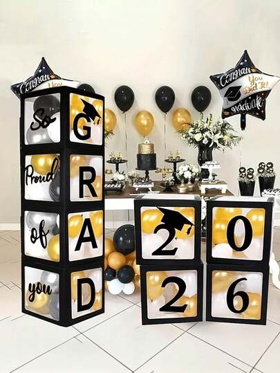 【4个黑色气球盒】4个黑色气球盒 | 2026届毕业派对礼物，送给她的/他的礼物，印有“GRAD 2026 So Proud Of You”字样，2026届毕业派对装饰