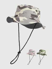 儿童迷彩速干耐用渔夫帽，1顶，可调节下巴带，防风防晒，适合露营、徒步、海滩、度假等场合。 - 1PC - 查看 4
