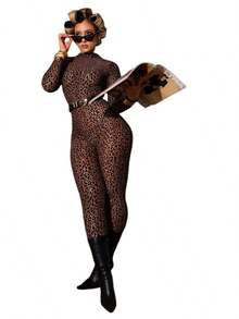 New Summer Women's Fashion Sexy Leopard Print High-Waisted Slim-Fit Bodycon Long-Sleeve Jumpsuit - Màu Khaki - Xem 6