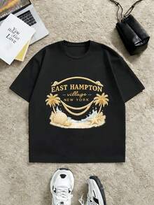 East Hampton Village New York Palm Beach T-shirt Tessuto Premium Street Hip-Hop Comodo Resistente Stampa Grafica Unica - nero - Visualizzare 2
