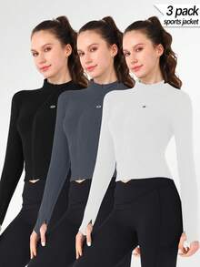 3-Piece Women's Sports Jacket With Thumb Hole, Small Stand Up Collar, Streamlined Long Sleeved Jacket With Pull Pockets, Low Impact Sports Yoga For Daily Casual Wear In Spring, Autumn And Winter - Nhiều màu - Xem 8