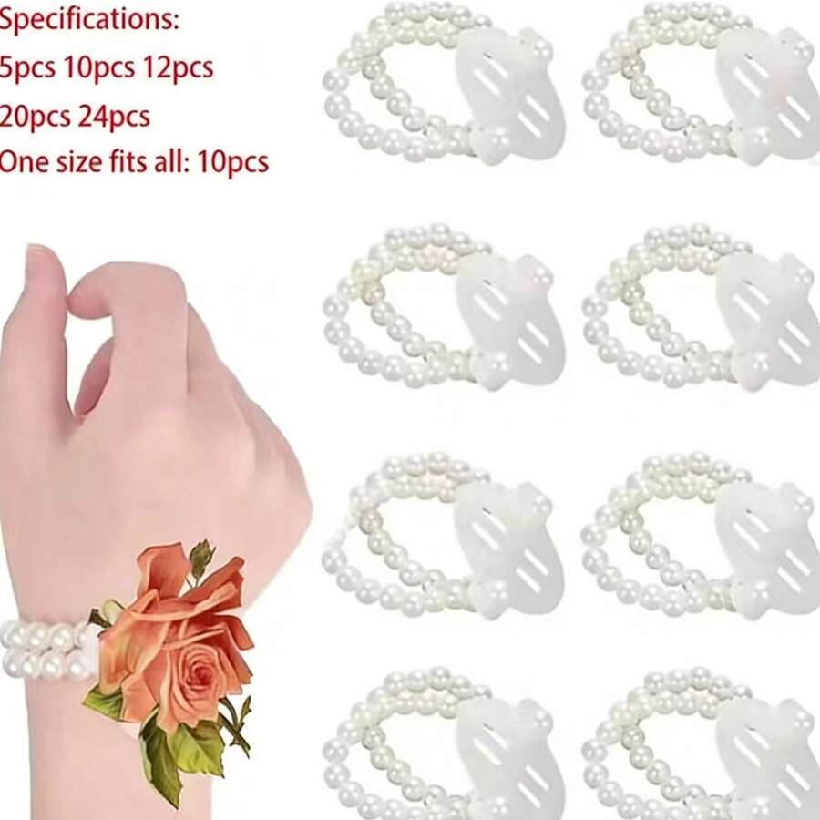 5/10/12/20/24 Pcs/Set - Elastic Pearl Brooch Bracelet, Suitable For Weddings, Galas And Beach Parties - White - View 1