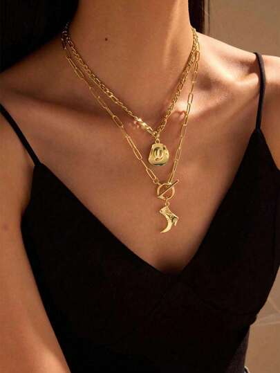 2pcs/Set Country Music Festival Women's Western Jewelry Cowgirl Stainless Steel Necklace, Cowboy Boots Necklace, Cowboy Hat, Country Cowboy Outfit Accessories, Suitable For Women's Daily Wear, Gift For Friends And Family