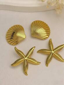 2 Pairs Fashion Asymmetrical Starfish/Shell Stud Earrings - Ocean Theme Jewelry, Perfect For Daily Wear And Vacation - Gold - View 3