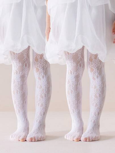 1/2pcs Girls White Tights, Floral Pattern Design, Cute Sweet Lolita Style Stockings, Fashion Soft Comfortable Breathable Leggings, Suitable For Princess Dress, Holiday Gift, Daily Wear, Stage Performance, School Activities