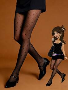 1双黑色透明四叶草提花性感幸运图案连裤袜，日常穿着 - 彩色 - 查看 4