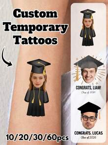 10/20/30/60张临时纹身贴纸，定制面部纹身贴纸，毕业纹身贴纸，毕业派对礼品，毕业派对，定制照片纹身贴纸，毕业临时纹身贴纸，2026届毕业生，情人节礼物，情侣照片，圣诞礼物，家居装饰，装饰品，个性化礼物，定制礼物 - 彩色 - 查看 2