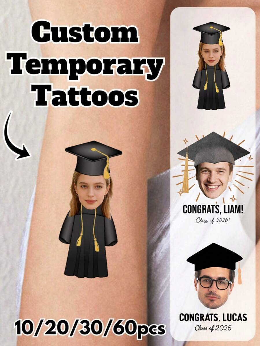 10/20/30/60张临时纹身贴纸，定制面部纹身贴纸，毕业纹身贴纸，毕业派对礼品，毕业派对，定制照片纹身贴纸，毕业临时纹身贴纸，2026届毕业生，情人节礼物，情侣照片，圣诞礼物，家居装饰，装饰品，个性化礼物，定制礼物