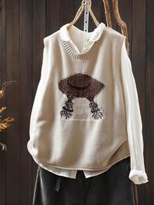 Áo vest len không tay cổ tròn mới về, họa tiết mũ hoạt hình dễ thương, thanh lịch, thời trang, thoải mái, cỡ lớn. - Màu be - Xem 1