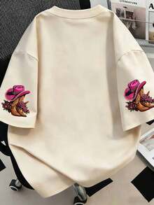 时尚靴子 夏季西部风格图案T恤 女式上衣 - 杏色 - 查看 2