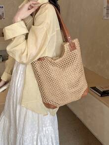 Large Capacity Straw Tote Bag, Fashionable Vacation Travel Shoulder Handbag - Multicolor - View 1