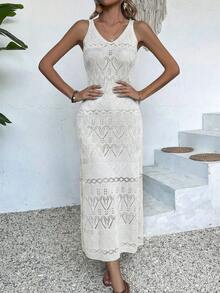 优雅女士休闲纯色针织长裙，无袖沙滩裙，适合春夏穿着，白色轻盈度假装，简约复古风格，适合返校季，秋冬长款派对裙，适合圣诞节、感恩节和新年等场合。 - 白色 - 查看 4