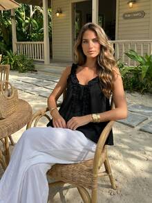 2026 Summer Sweet Frill Trim Camisole, Loose Women Sleeveless Top, Flattering & Elegant Casual Black - Black - View 6