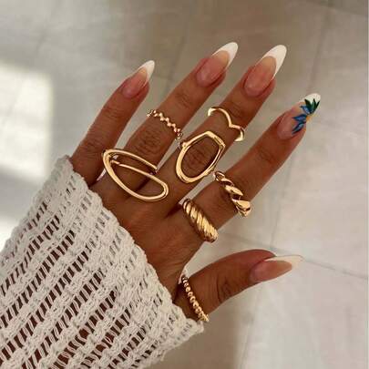 7pcs Set Asymmetrical Metallic Smooth Rings, Personalized Versatile Rings Suitable For Women's Daily Wear