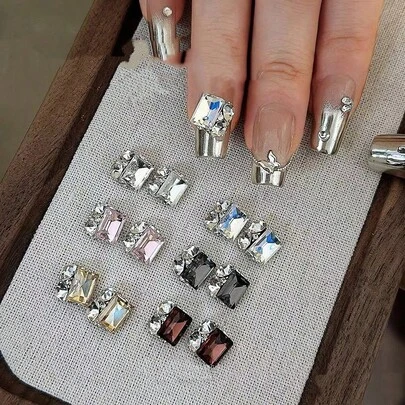10pcs Crystal Rhinestone Nail Art Decorations, Luxury French Style Alloy Nail Jewelry, Shiny Nail Accessories