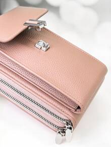 New Arrival Multi-Function Large Capacity Double-Layer Zipper Phone Wallet Crossbody Bag, Fashionable Minimalist Soft Pattern, Casual Vacation Date - Pink - View 4