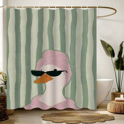 1pc Cartoon Striped Duck Shower Curtain, Fun Animal Printed Shower Curtain, Suitable For Various Rooms, Bathroom Bathtub Partitions, Bathroom Accessories, Bathroom Shower Curtain Decoration, Shower Curtain