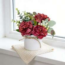 1pc Artificial Burgundy Peony Hydrangea Potted Plant - Vintage DIY Decor | Approx. 8.6 Inches Incl. Jute Rope & White Pot | Perfect For Living Room, Dining Room, Entryway, Study, Office Decor, Maintenance-Free With Long-Lasting Fresh Feel, Versatile For Daily And Holiday Decoration - Merah - View 7